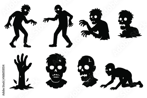 Zombie silhouette icon set for horror and Halloween designs. Spooky, scary monster collection. Vector cartoon illustration of undead, walking dead, and a hand rising from the grave.