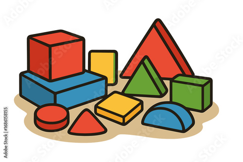 Colorful geometric building blocks for kids. Toy constructor for preschool children. Educational game for learning shapes and colors. Early development and creative play vector.