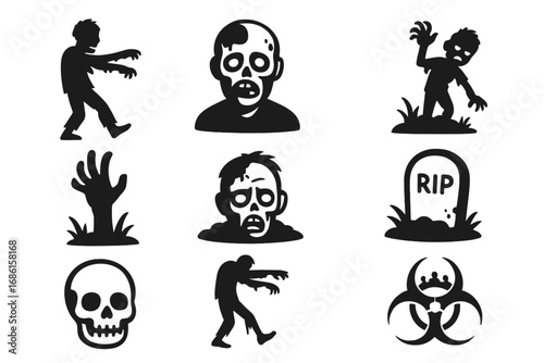 Horror zombie silhouette icon set. Spooky Halloween scary icons collection. Vector cartoon illustration. Walking dead, monster, grave, skull, apocalypse, biohazard symbol.