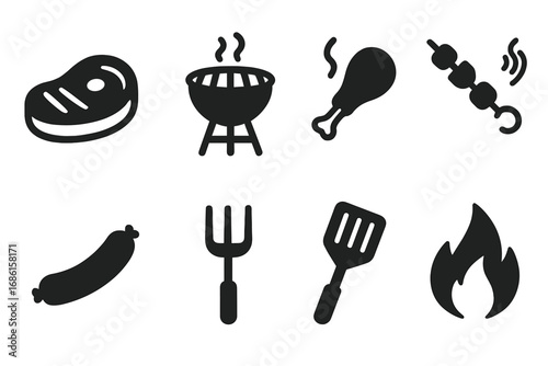 Barbecue meat solid icon set. Grill, cooking food symbols. Vector cartoon illustration. Steak, sausage, chicken leg, shish kebab, fire flame, fork, spatula icons for summer BBQ.