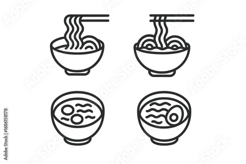 Noodle soup outline icon set. Asian cuisine vector illustrations. Ramen, pho, soba in bowl with chopsticks. Minimal line art for menu, web, logo. Japanese food symbol.
