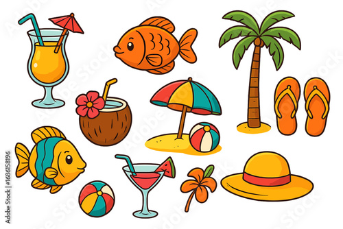 Summer beach vacation icon set. Tropical holiday travel collection with palm tree, cocktail, fish, coconut drink, umbrella, hat, and flip flops. Cute cartoon vector illustration.