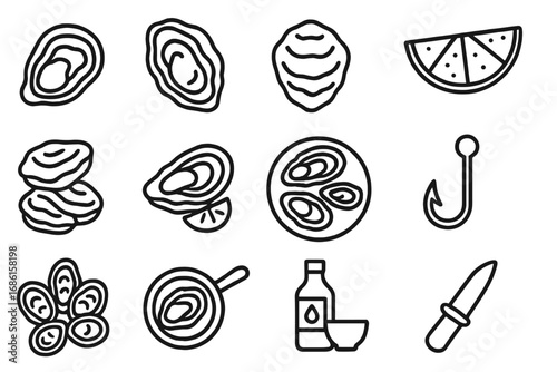 Oyster seafood line icon set. Fresh shellfish, mollusk preparation and cooking. Vector outline cartoon symbols. Includes raw oyster, lemon, shucker knife, fishing hook, pan.