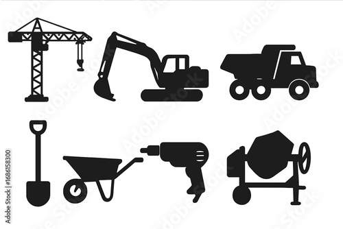 Construction equipment icon set. Black silhouette vector illustration of industrial machinery and tools. Includes crane, excavator, dump truck, shovel, cement mixer, wheelbarrow.