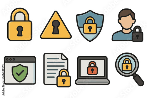 Security icon set for data protection and privacy. Vector illustration of cybersecurity concepts like padlock, shield, user access, and secure browsing. Digital safety elements.