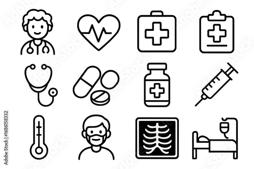 Health and medical icons. Line art collection for healthcare, hospital, clinic. Includes doctor, patient, x-ray, syringe, pills, heartbeat, thermometer. Vector cartoon set.