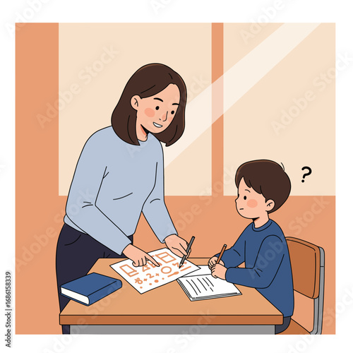 A teacher assists a student with homework at a desk in a classroom setting.