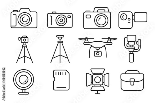 Photography equipment line icon set. Vector outline collection of camera, drone, tripod, gimbal, ring light, and studio gear. Minimal linear symbols for videography.