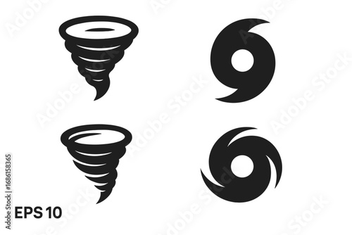 Hurricane icon set. Tornado, storm, and typhoon symbols collection. Cyclone spiral and twister funnel vector graphic elements for weather forecast or natural disaster warning.
