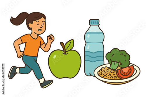 Healthy lifestyle concept with running girl, apple, water bottle, and balanced meal. Vector cartoon for wellness motivation, fitness, nutrition, and diet. Health concept.