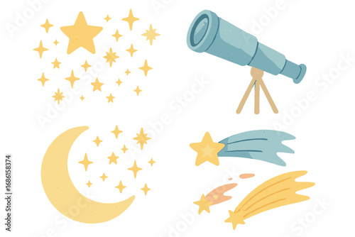 Celestial illustration set with stars, moon, telescope, and shooting comets. Cute space icons for kids and baby nursery decor. Astronomy and astrology concept vector graphics.