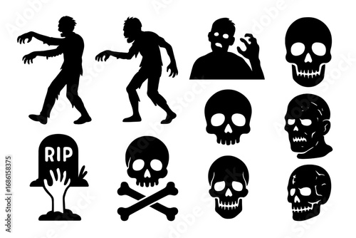 Horror zombie silhouette icon set for Halloween. Spooky skulls, gravestone, walking dead, and crossbones. Scary monster graphic collection. Vector death symbols for design.