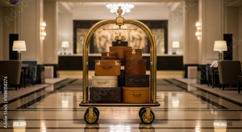 Hotel Luggage Cart with Vintage Suitcases Ready for Guest Arrivals and Seamless Travel