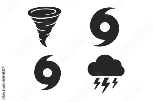 Hurricane icon set. Tornado, typhoon, and storm symbols collection. Vector graphic signs for weather forecast, climate disaster, and cyclone warning. Meteorology pictograms.