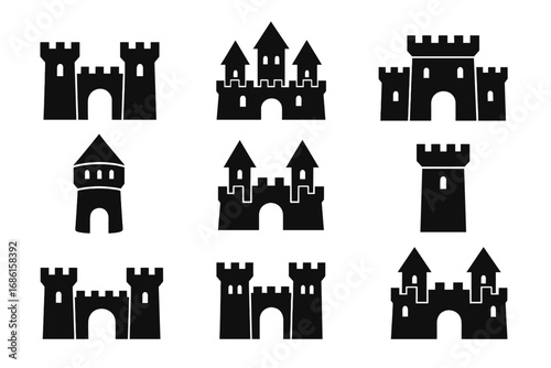 Medieval castle silhouette icon set. Fortress and tower collection for logo design. Royal fairytale kingdom symbols. Vector graphic illustration of historic architecture. Stronghold.