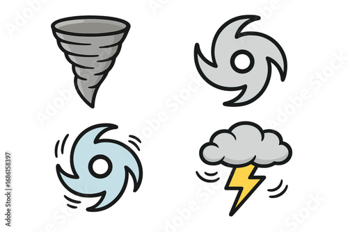 Hurricane and tornado icon set. Storm and typhoon symbols collection. Weather disaster vector icons. Cyclone, wind, lightning. Cartoon illustration for warning sign.