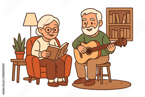 Senior couple enjoying retirement hobbies at home. Elderly woman reading a book in a chair while a happy man plays the acoustic guitar. Grandparents love. Vector illustration.