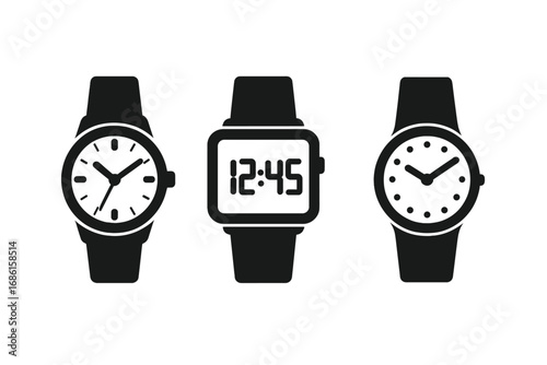 Wristwatch icon set silhouette. Analog, digital, and smart watch pictograms. Timekeeping accessory symbols for web and print. Minimalist flat vector illustration on white.