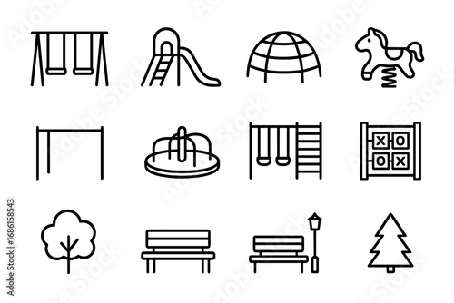 Playground and nature outline icon set, park equipment and trees in minimalist line style, vector cartoon illustration with transparent background, ordered set of outdoor play and park elements