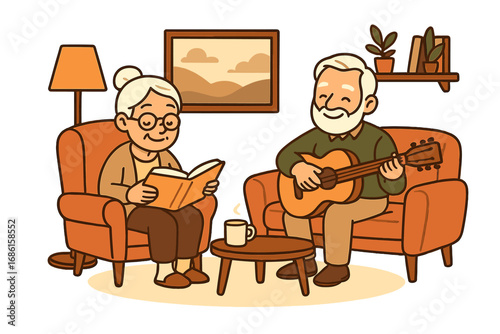 Seniors enjoying quality time at home. Elderly man plays guitar, woman reads a book in cozy living room. Happy retirement lifestyle, love, hobby, leisure, companionship vector.