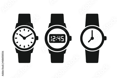 Wristwatch icon set with various timepieces. Analog and digital watch silhouettes. Vector graphic symbols for timekeeping, clock face design and timer concepts. Watch pictogram.