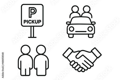 Carpool outline icon set. Ride-sharing concept. Pickup point sign, shared car with passengers, meeting people & handshake agreement symbols. Vector line art for transport service.