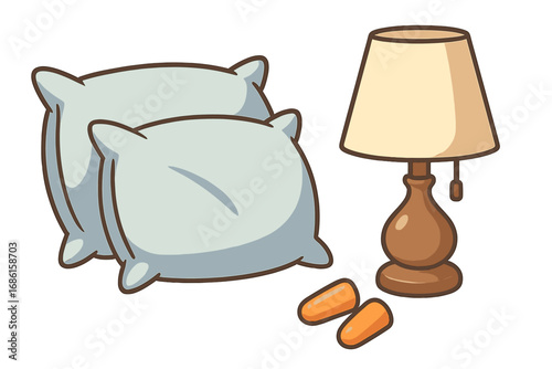 Sleep essentials for a good night's rest. Vector illustration of pillows, lamp, and earplugs. Concept for bedtime routine, healthy sleep hygiene, relaxation, quiet, and insomnia.