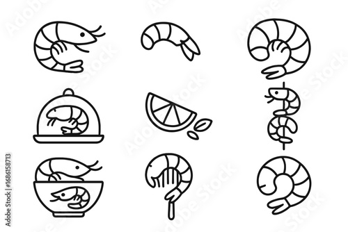 Seafood shrimp line icon set, culinary restaurant outline icons collection, vector cartoon illustration with transparent background, ordered set of shrimp seafood icons