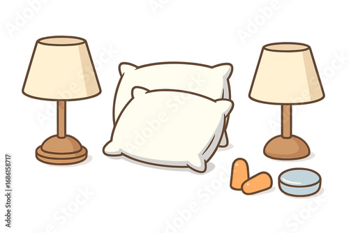 Sleep essentials for a perfect night’s rest with soft pillows, warm lamps, and earplugs in a serene cozy arrangement, vector cartoon illustration with transparent background