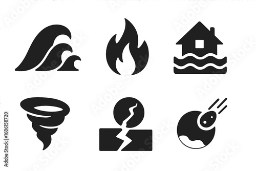 Natural disaster solid icon set with waves, fire, flood, tornado, earthquake, and meteor symbols, environmental hazard vector collection, black silhouette icons, transparent background