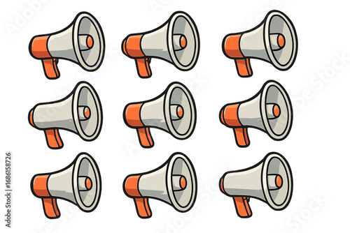 Megaphone grid pattern. Vector cartoon illustration set of bullhorns. Concept for communication, marketing, announcement, protest, and advertising. Loud speaker icons for news.