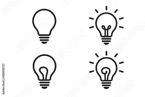 Lightbulb icon set for idea and inspiration concepts. Vector lamp symbol collection for creativity, innovation, and solution. Brainstorming and thinking pictogram outline.