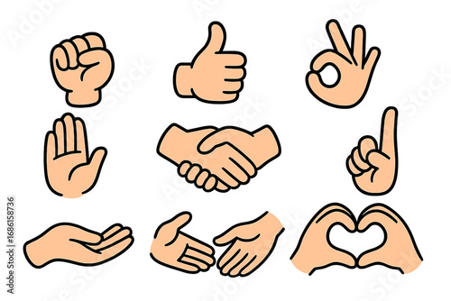 Hand gestures vector icon set. Communication concept. Thumbs up, ok sign, handshake, heart hands, fist, point. Support, deal, love, like, agreement, direction. Cartoon collection.