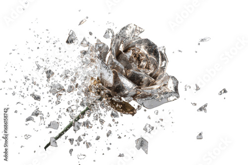 A shattered silver rose explodes in a burst of icy fragments