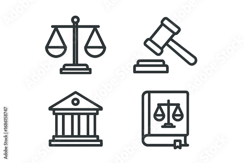 Legal icons set. Law and justice symbols. Courthouse, judge gavel, scales of balance, and law book. Court, lawyer, and auction concept. Vector outline pictogram collection.