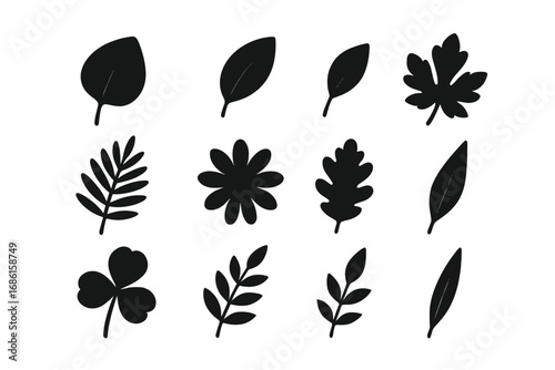 Nature leaf silhouette icon set, eco botanical greenery collection, vector cartoon illustration with transparent background, diverse leaves and floral shapes, ordered set