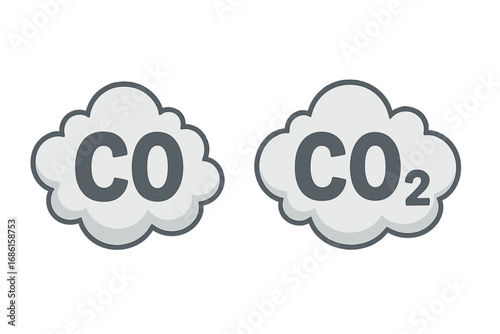 Carbon monoxide and carbon dioxide chemical formula icons. CO and CO2 gas emissions in a cloud or smoke shape. Air pollution, exhaust, and contamination concept vector illustration.