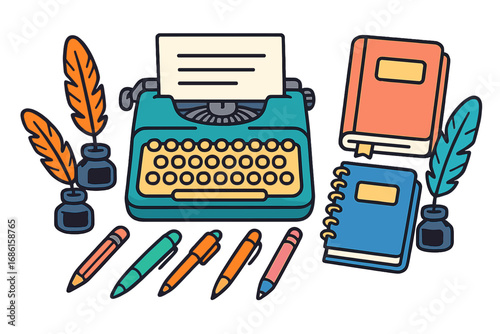 Writing tools collection with vintage typewriter, notebooks, quill pens, and inkwells. Concept for author, journalism, storytelling, and creative projects. Vector illustration.