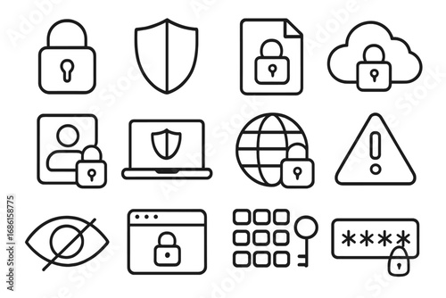 Security and Data Protection Line Icon Set with Privacy, Cloud Storage, Shield, Lock, Password, and Network Safety Symbols, Vector Cartoon Illustration with Transparent Background for Cybersecurity