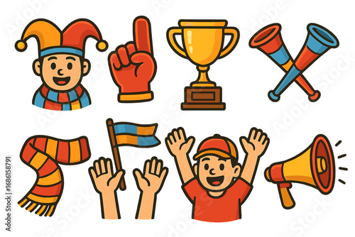 Vibrant Sports Celebration and Fan Gear Icons, Enthusiastic Fans, Team Spirit Symbols, Trophy, Cheer, Scarves, Flags, Foam Fingers, Megaphone, Cartoon Vector Illustration