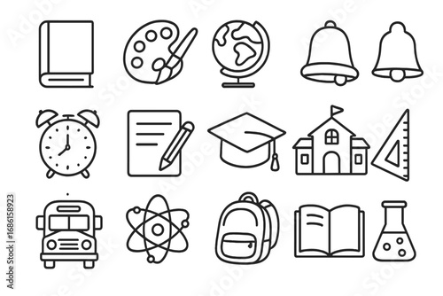 School and education outline icon set. Learning tools, classroom objects, and study symbols. Vector line art collection for knowledge, university, and academic concepts.