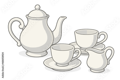 Elegant white tea set with teapot, cups, cream jug. Classic porcelain tableware for afternoon tea party, coffee break. Vector cartoon illustration, isolated, drink, beverage.