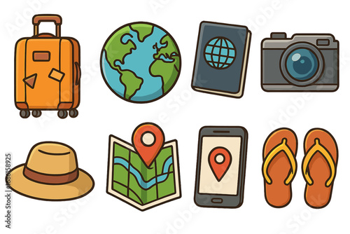 Travel essentials icons collection with suitcase, globe, passport, camera, hat, map, smartphone location, and flip-flops for worldwide vacation and adventure, cartoon vector illustration