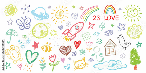 Whimsical hand drawn doodles featuring space rocket planet sun rainbow and animals for kids