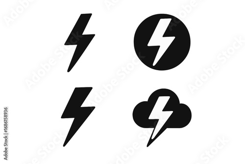 Lightning bolt vector icon set. Simple black thunder and electricity flash symbol collection. Flat storm silhouette logo element. Electric power energy sign for graphic design.