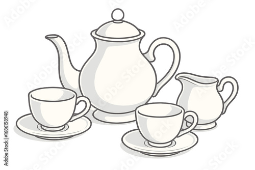 Elegant white tea set vector illustration. Classic porcelain teapot, cups, saucers and creamer for a tea party. Isolated cartoon drawing for beverage service or high tea.