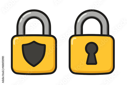 Two differently styled secure padlocks vector cartoon illustration with shield and keyhole design, minimalistic layout, security concept, protection symbols, transparent background, ordered set