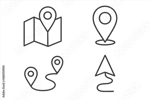 Location and Navigation Icons Set, Map Direction Symbols, Route Markers, Location Pins, Arrow Navigation Elements, Vector Outline Cartoon Illustration, Transparent Background, Ordered Set of 4