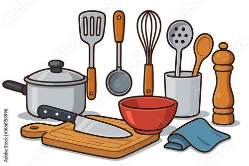 Cooking utensils and kitchen tools set arranged for meal preparation in a modern kitchen, vector cartoon illustration with transparent background, organized cooking equipment collection