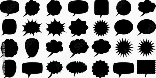 Collection of diverse black speech bubble shapes and comic book style explosion shapes on white background